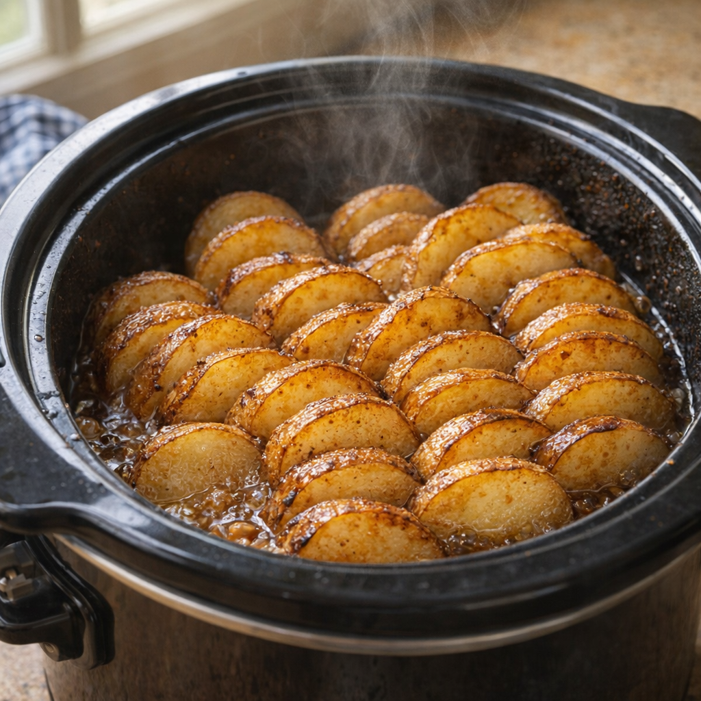 Slow cooker filled with stacked russet potato disks before serving