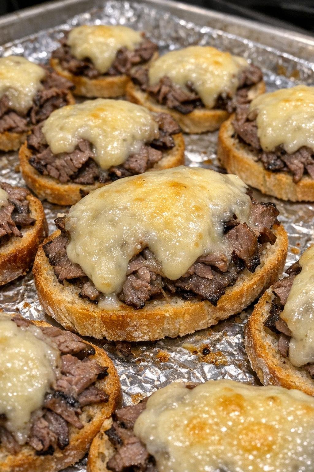 Close-up of baked beef and gouda bites