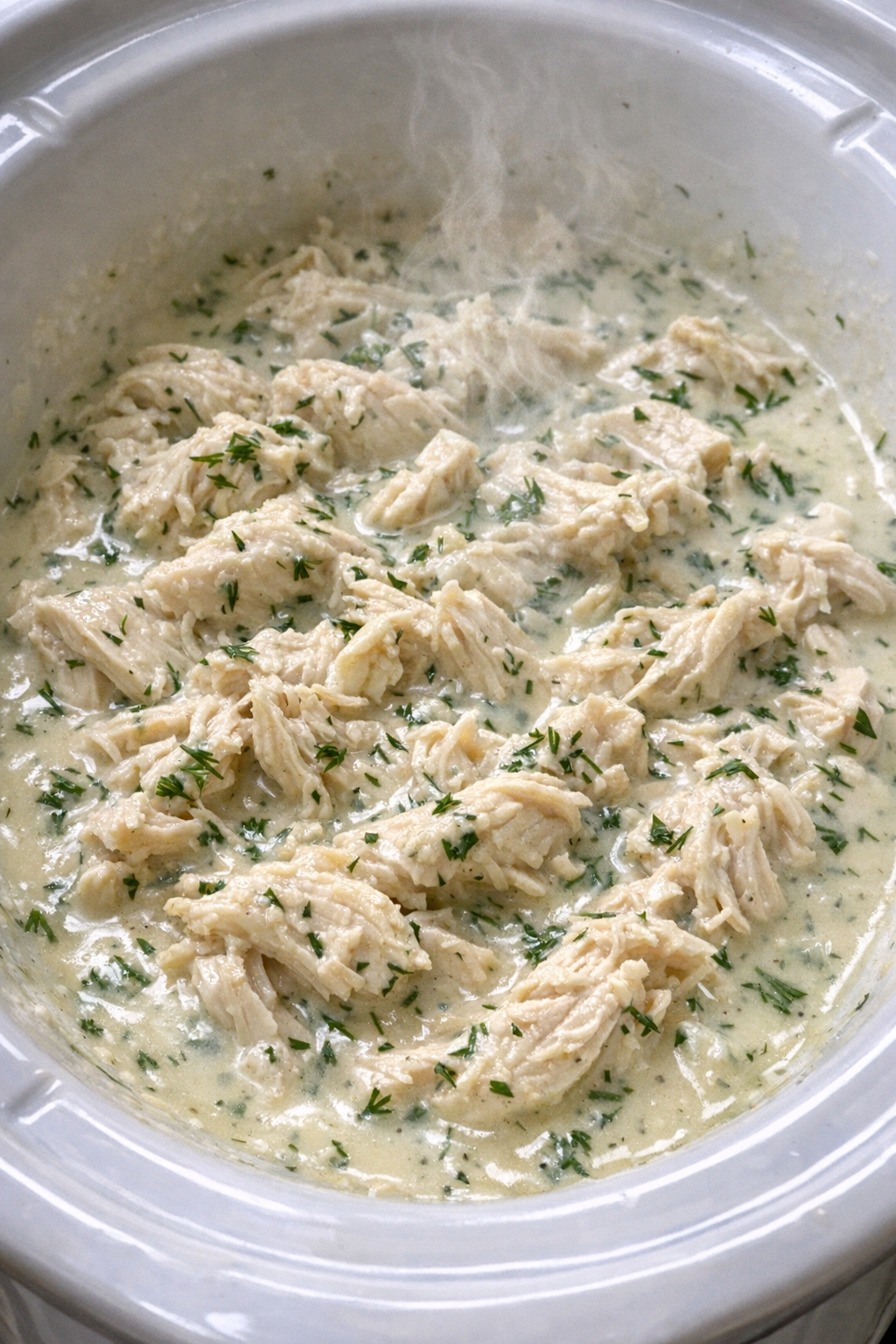 Creamy dill chicken finished in the slow cooker