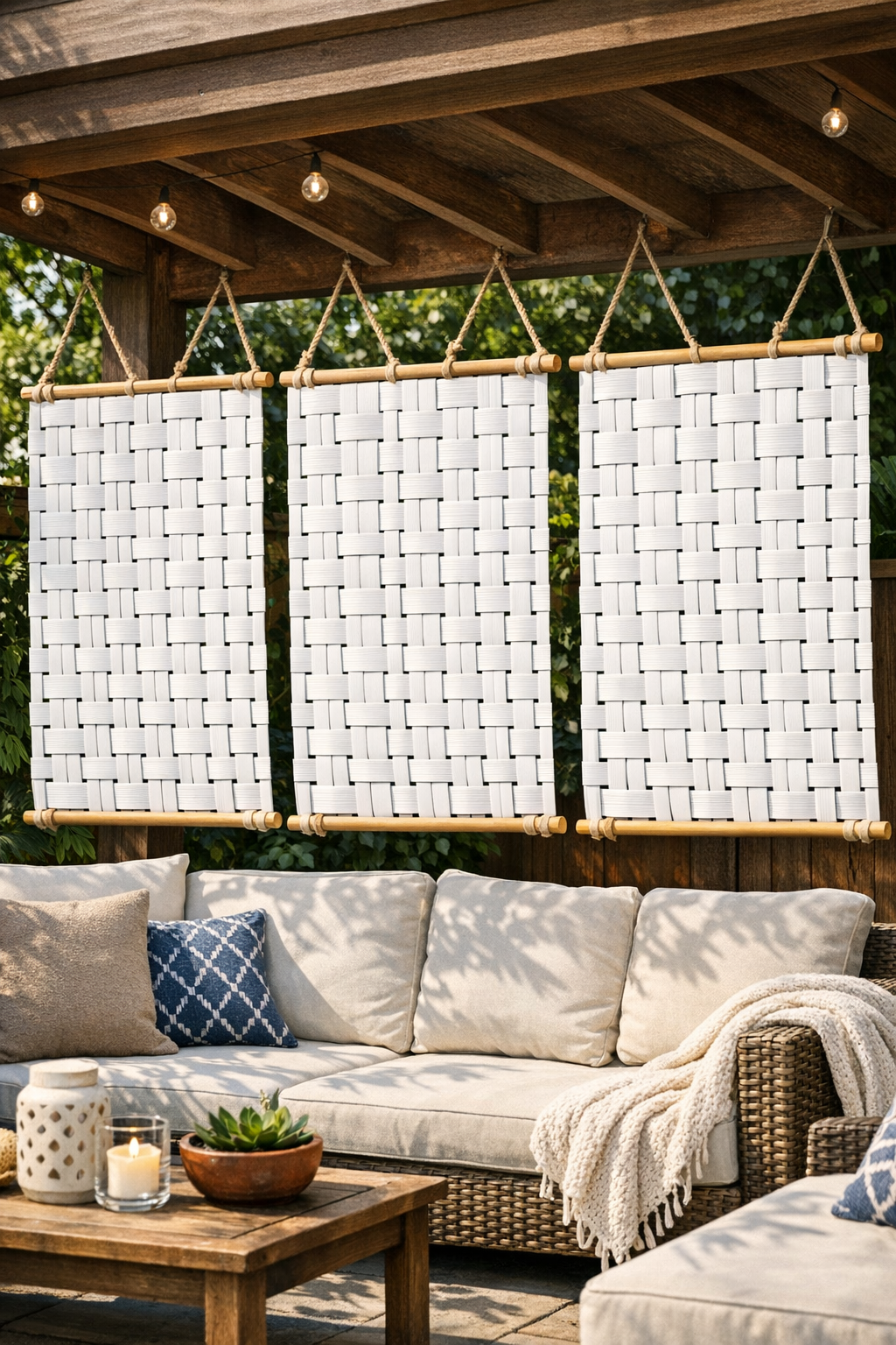 Finished woven patio privacy panels made from plastic window blinds