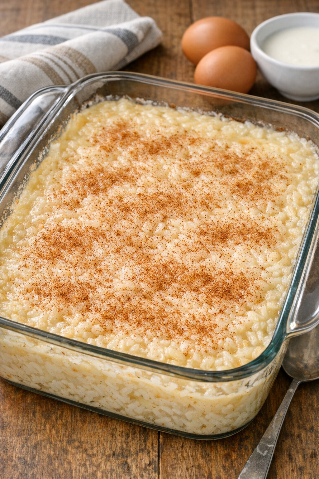 Finished baked cinnamon rice pudding in a glass baking dish