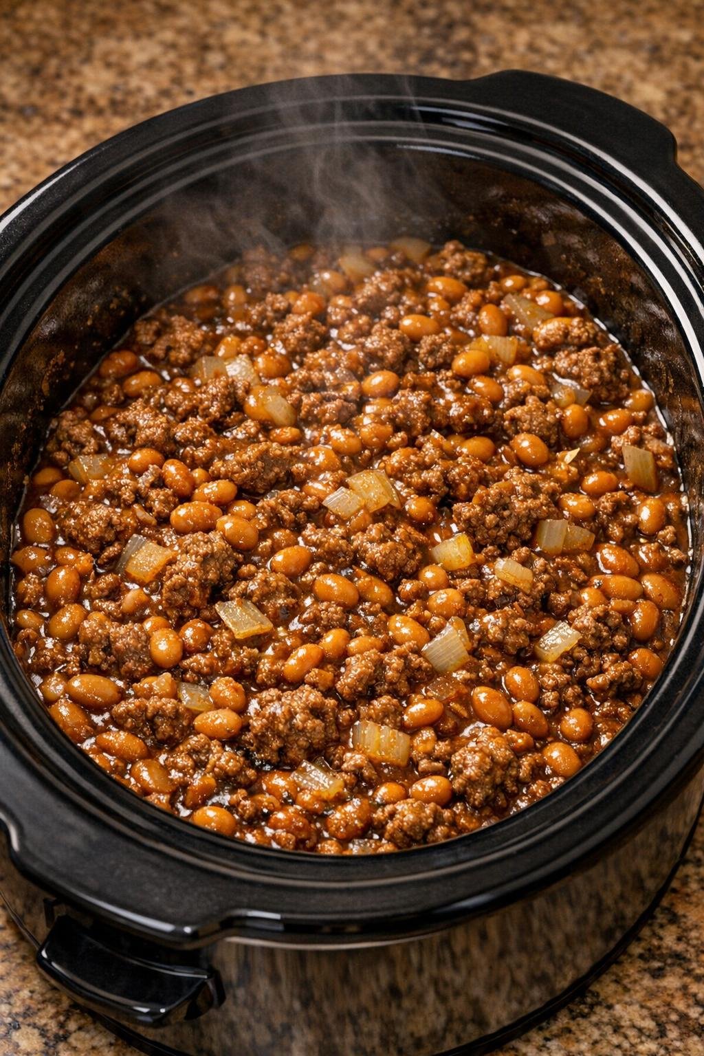 Cooked baked bean beef in the slow cooker after simmering
