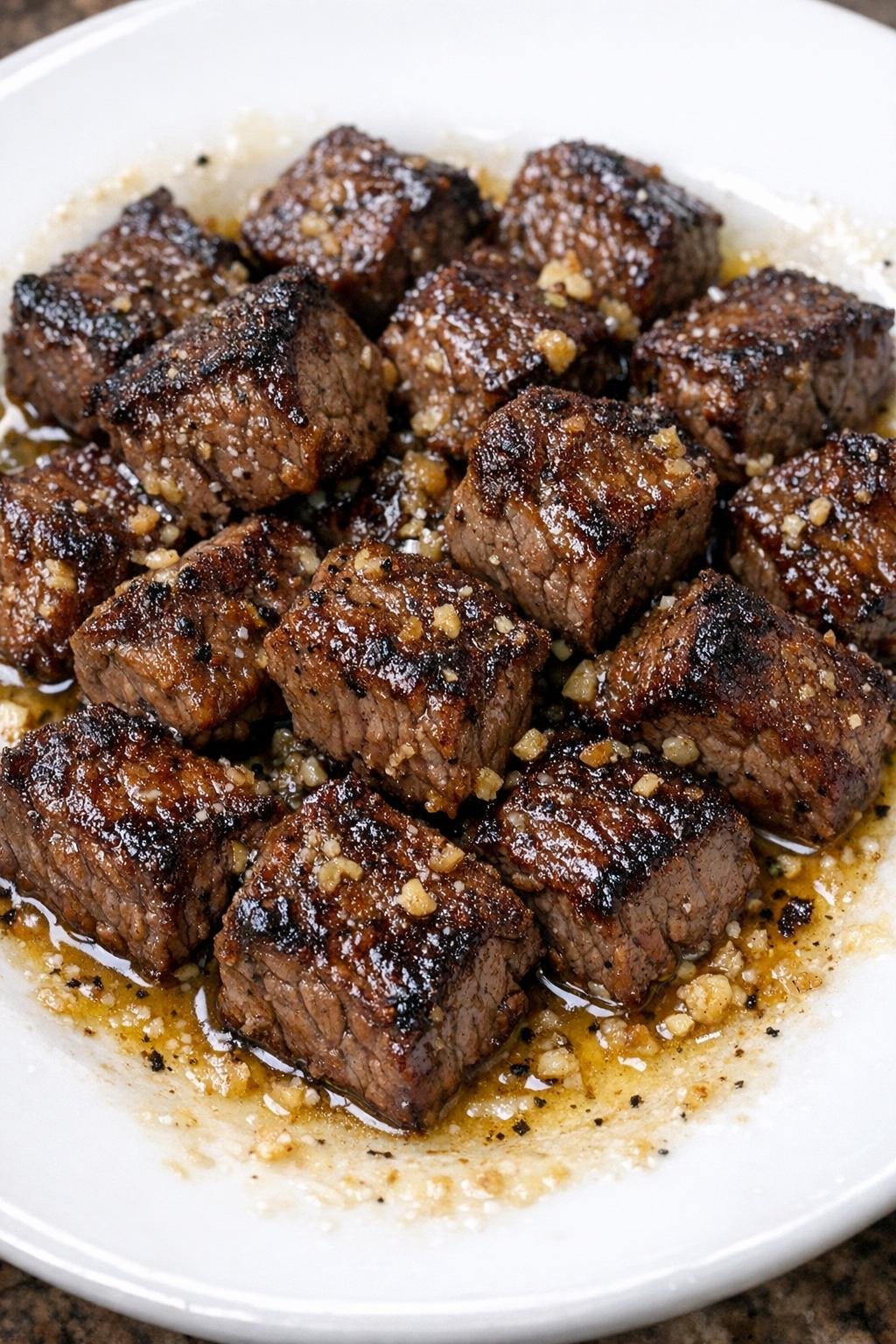 Seared steak bites in garlic butter on a white plate