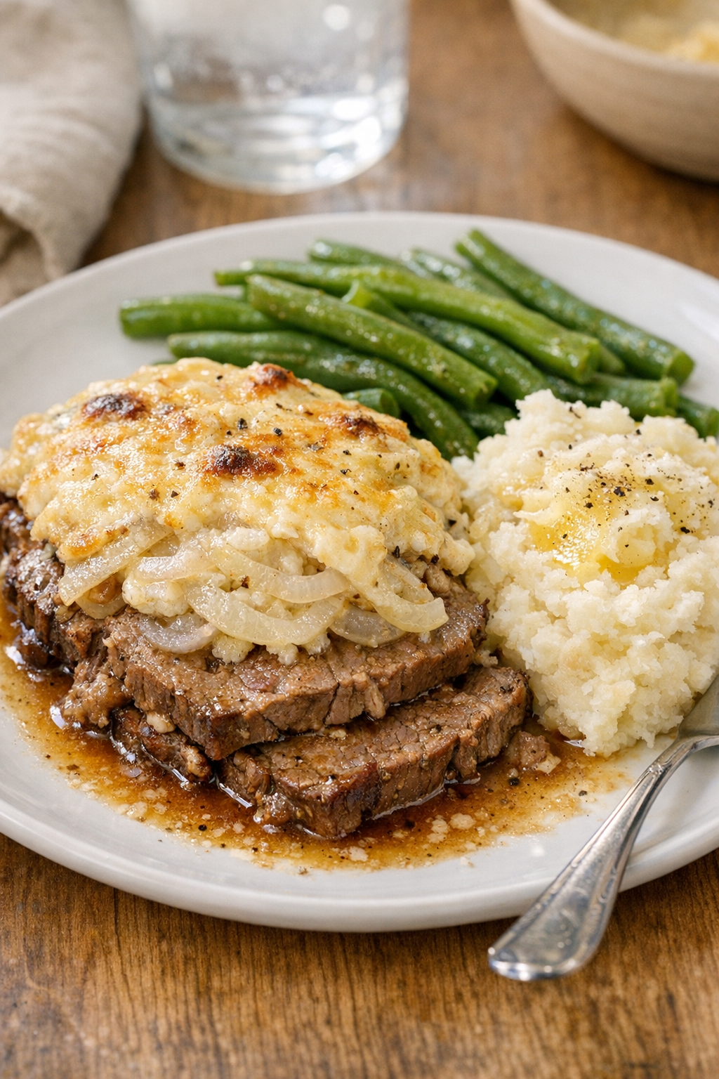 Finished Amish beef and sweet onion casserole plated for serving