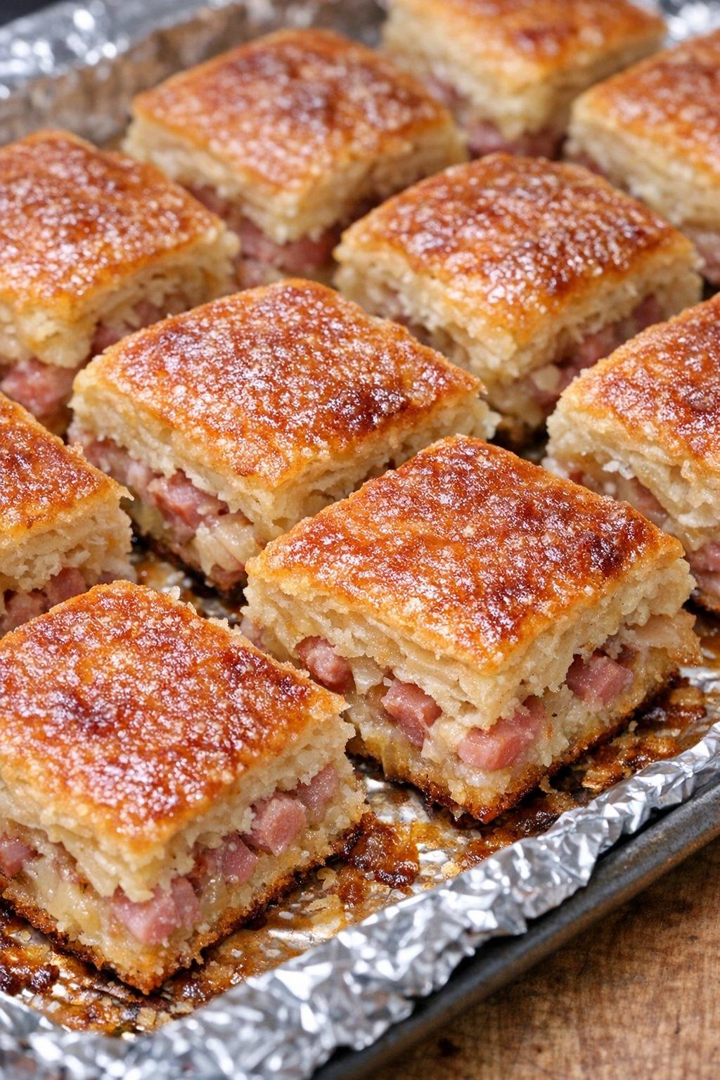 Southern savory ham squares baked until golden brown on a foil-lined tray