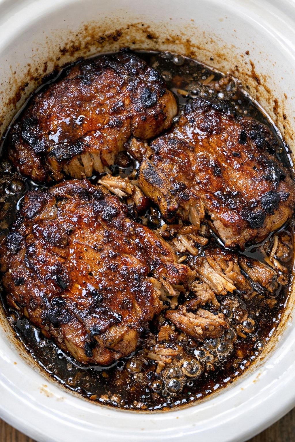 Slow cooker Dr Pepper pork chops in a white slow cooker