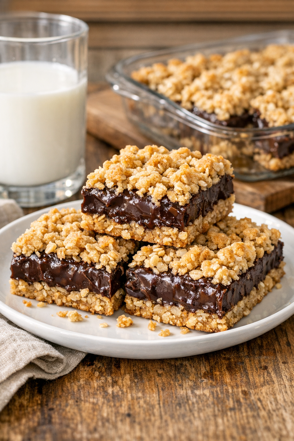 Finished oatmeal fudge bars plated for serving