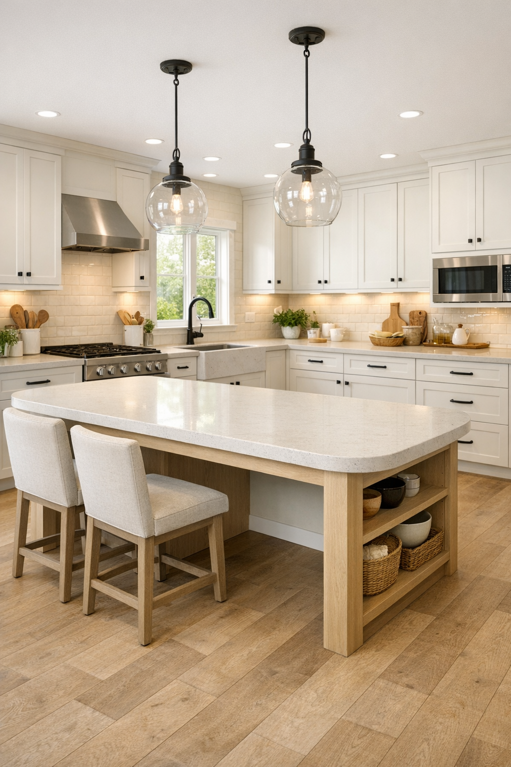Inviting barrier-free farmhouse kitchen with shaker cabinets, a pale quartz island, warm tile backsplash, and black accents