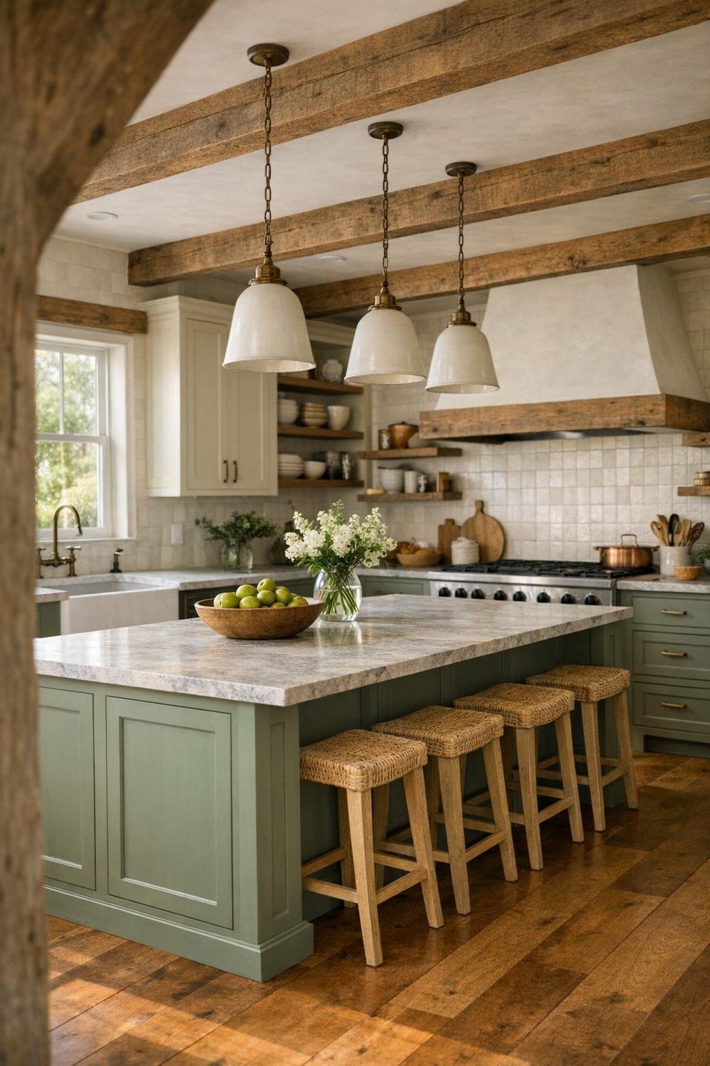 Large barn farmhouse kitchen with sage island and stone countertops