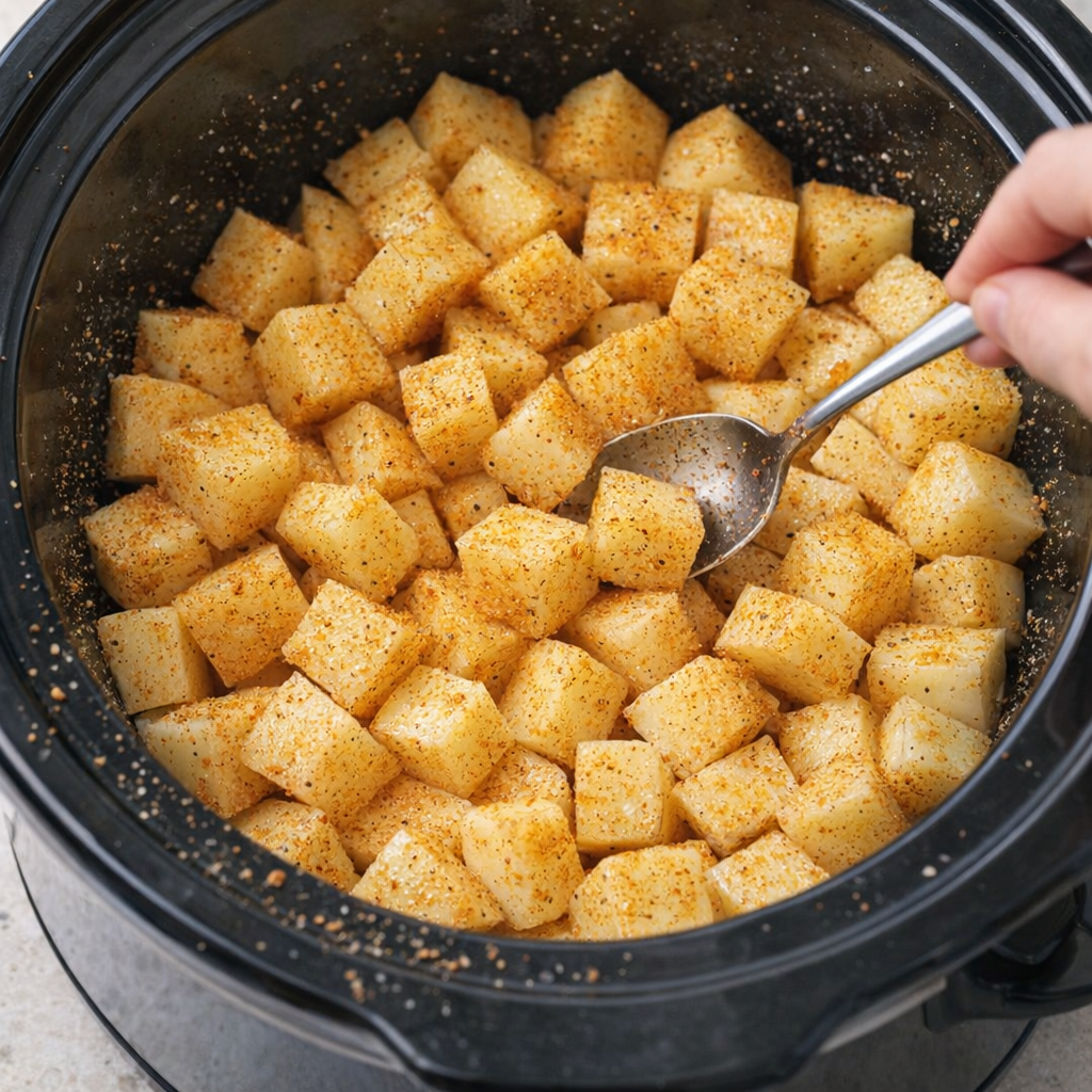 Cubed potatoes seasoned in a slow cooker insert