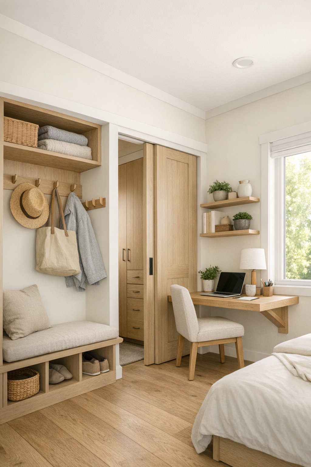 Tiny home entry and multipurpose nook with built-in bench and floating desk