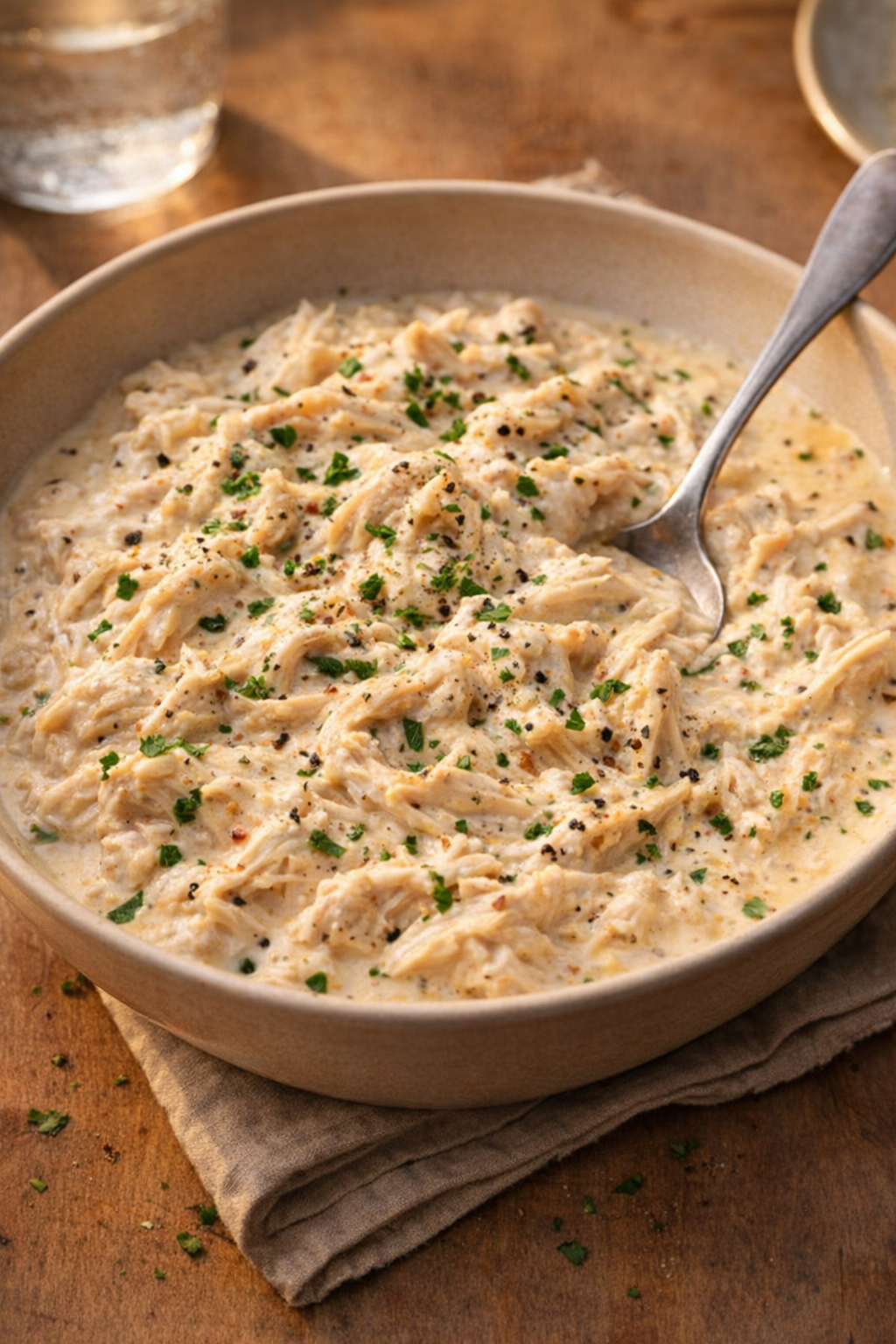 Creamy chicken finished with herbs in a serving bowl