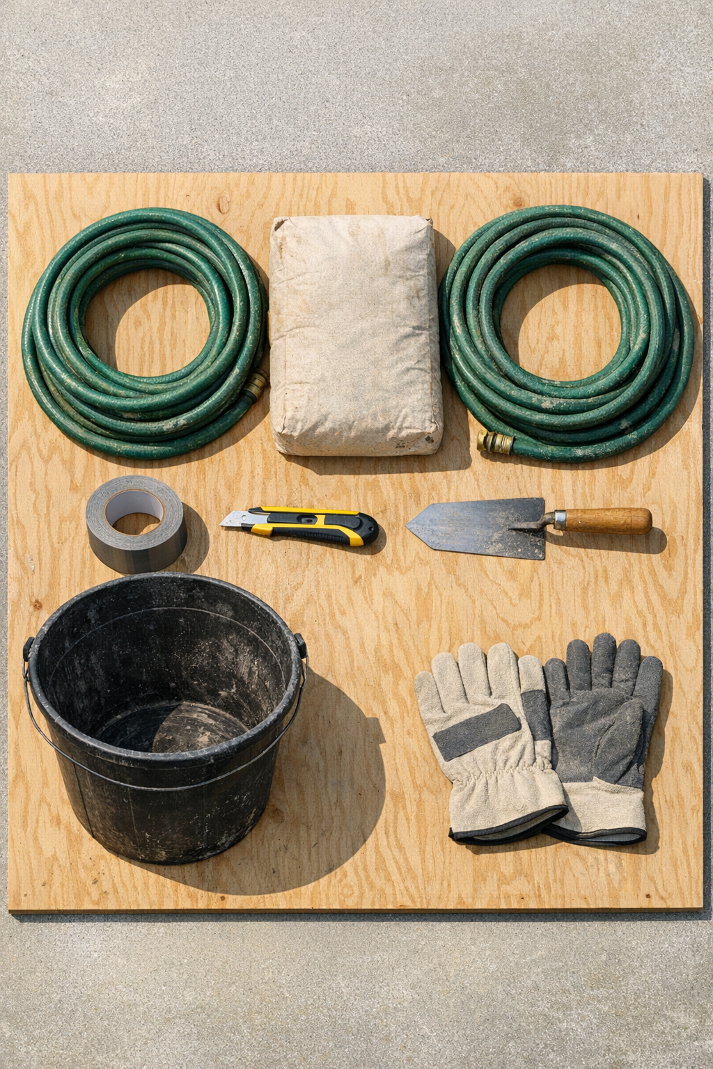 Old garden hoses, cement mix, and basic setup materials laid out for the project