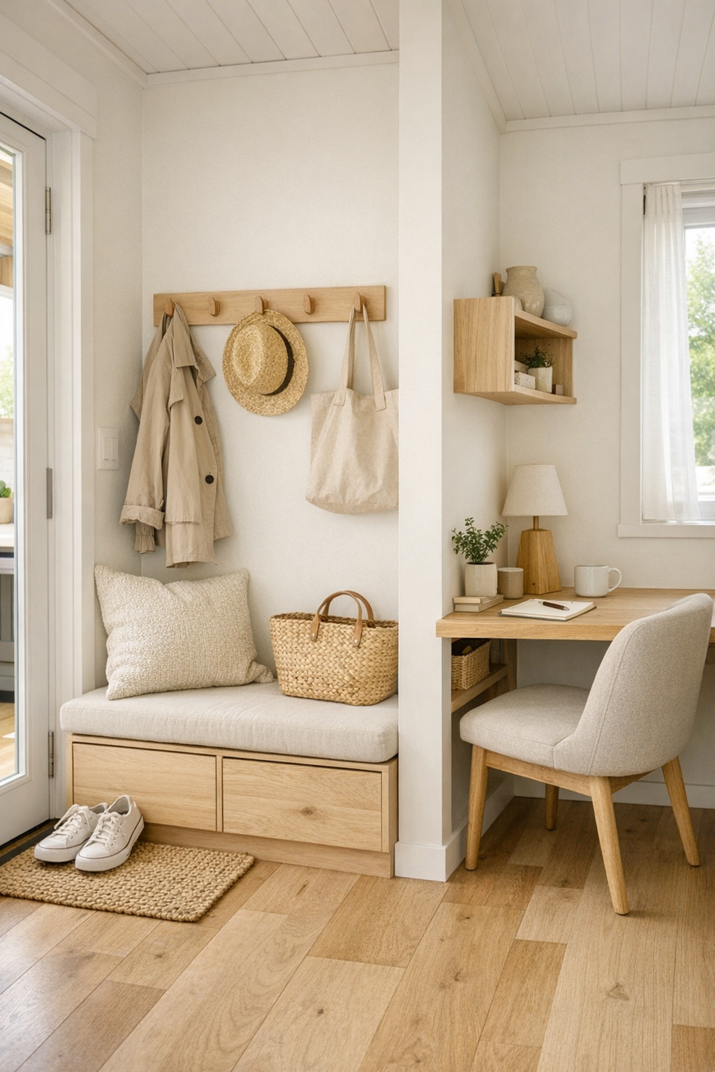 Tiny home entry and flexible nook with built-in bench and pale wood storage