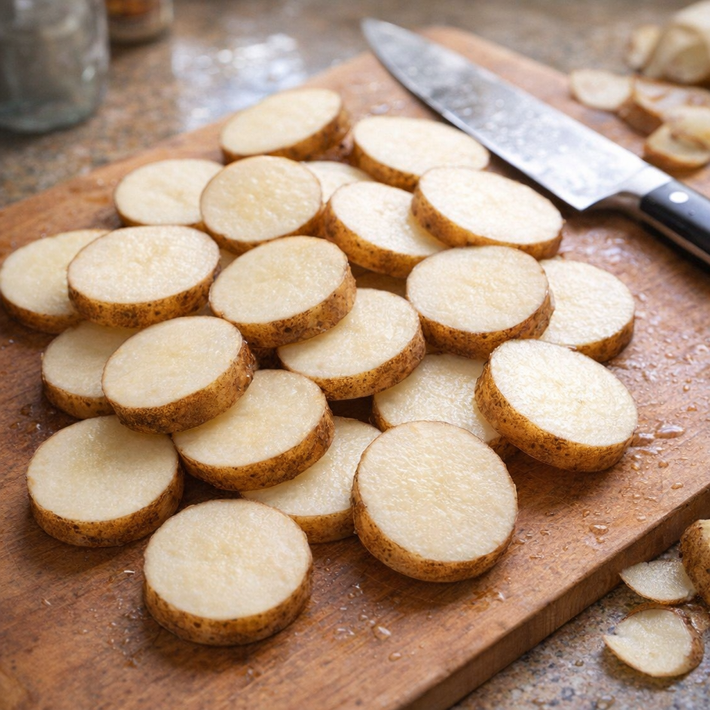 Sliced russet potatoes on a kitchen counter before cooking