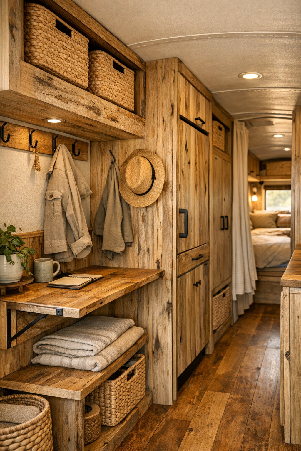 Bus hallway and utility area with birch built-ins, hooks, and compact storage
