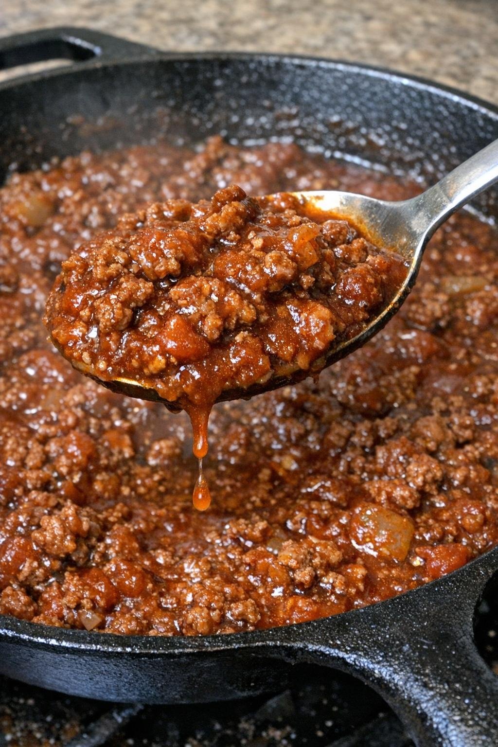 Ground beef simmering in tomato sauce in a cast iron skillet