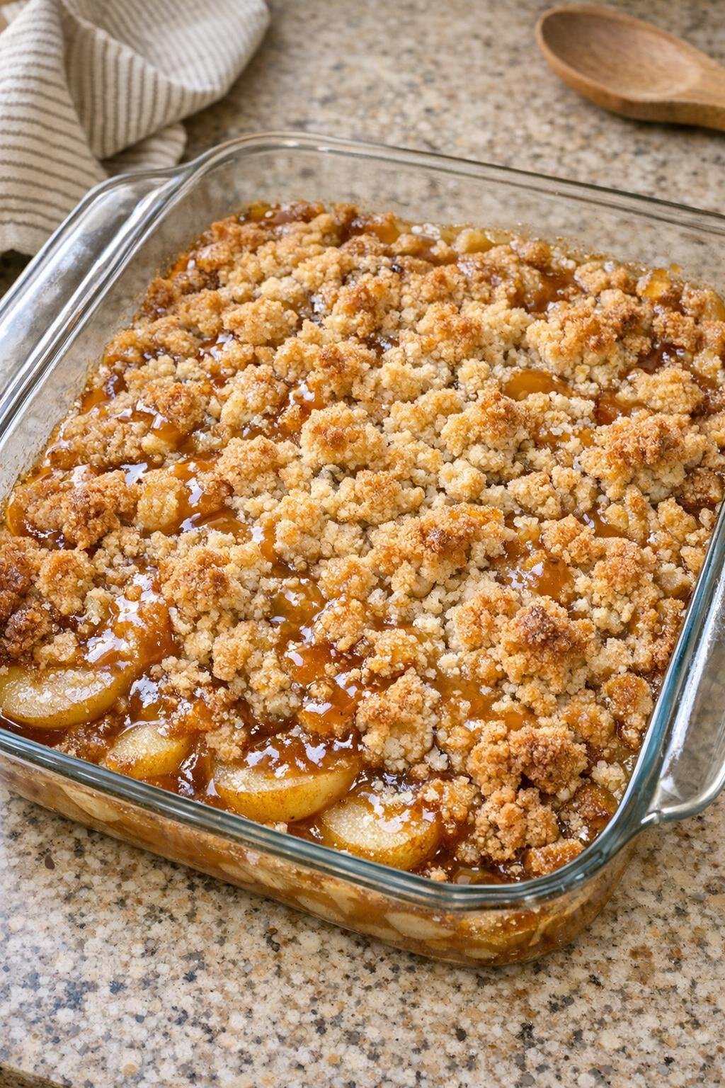 Finished caramel pear crisp in a glass baking dish