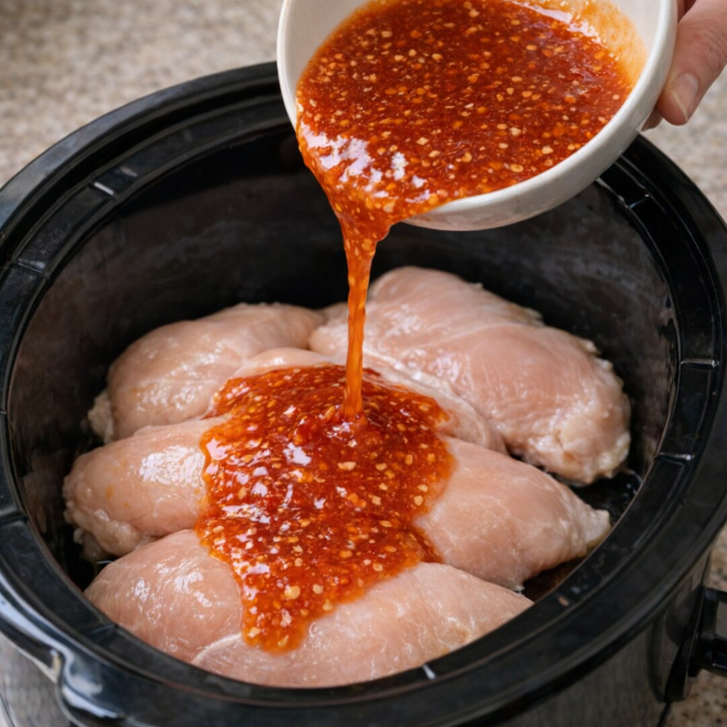 Saus over kip gegoten in een slowcooker