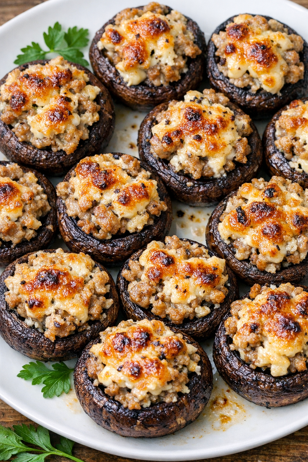 Low carb 3-ingredient stuffed mushroom bombs on a serving platter