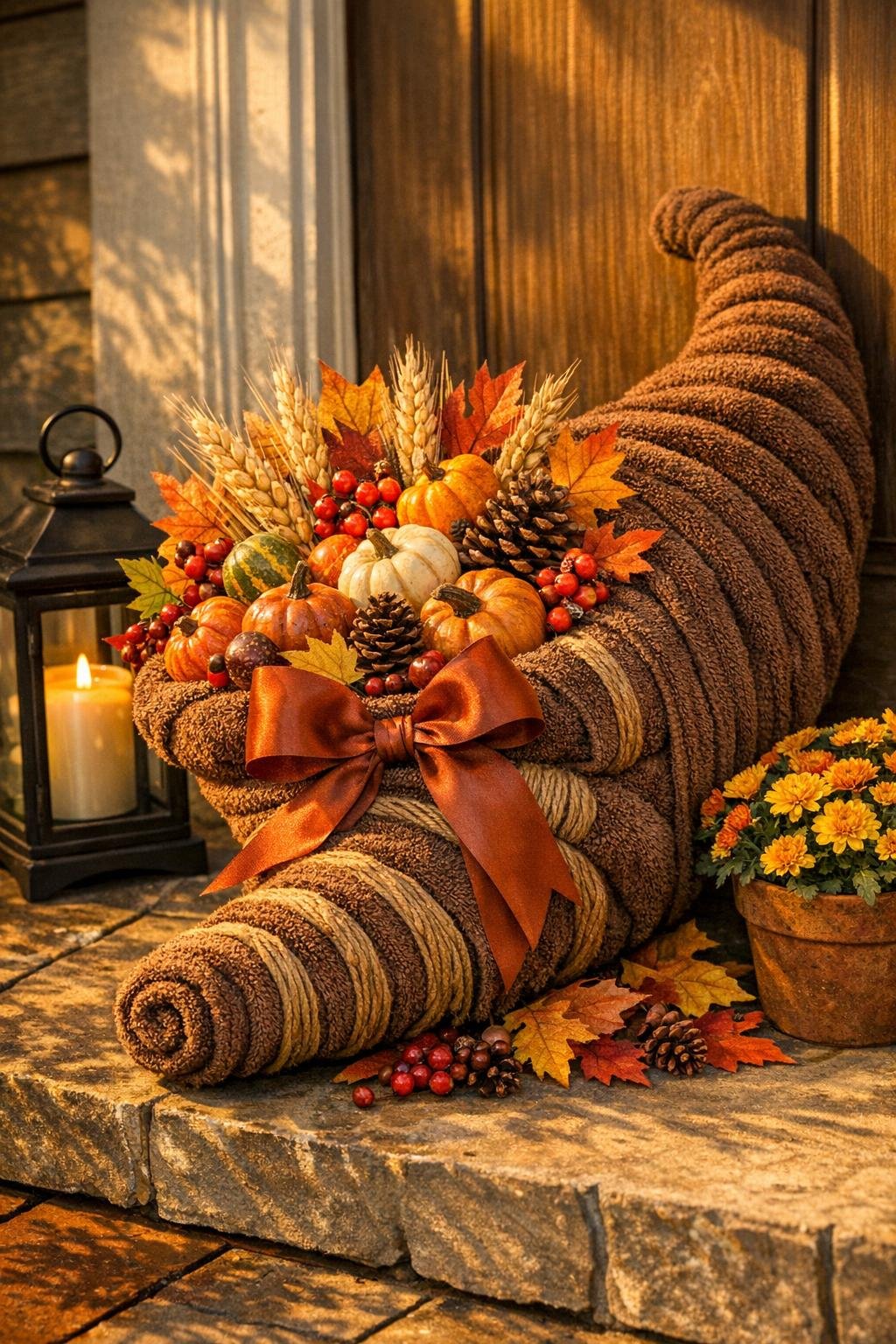 Finished harvest cornucopia made from brown bath towels
