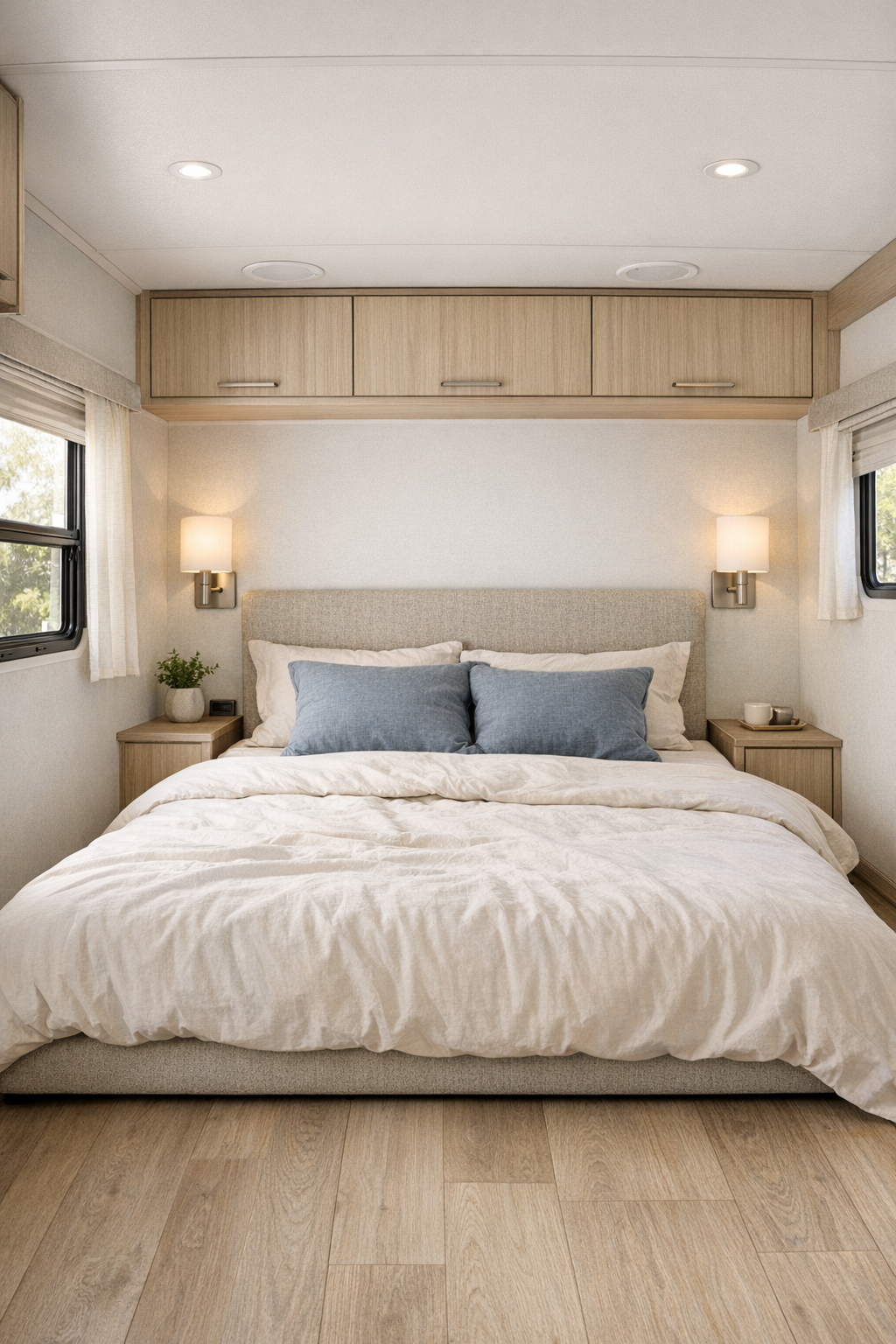 Quiet RV bedroom with low platform bed and soft blue-gray accents