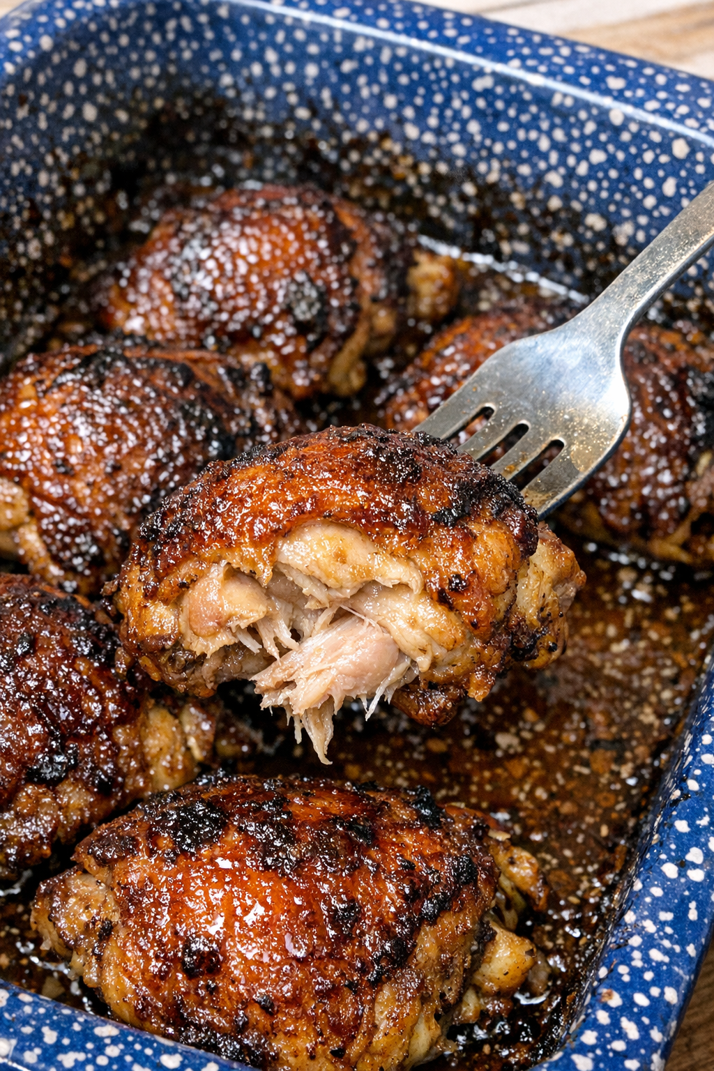 Glistening baked chicken thighs with amber glaze