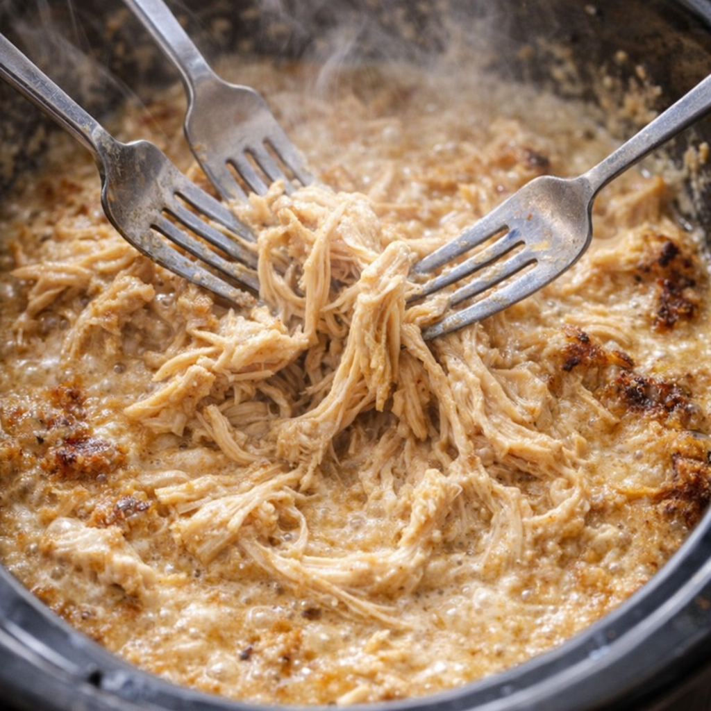 Tender chicken being shredded in the slow cooker
