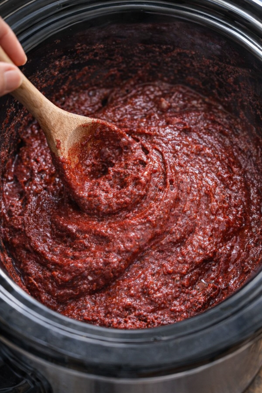 Thick red velvet batter being stirred in a slow cooker