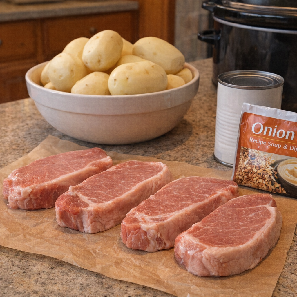 Simple ingredients for pork chops and scalloped potatoes on a kitchen counter