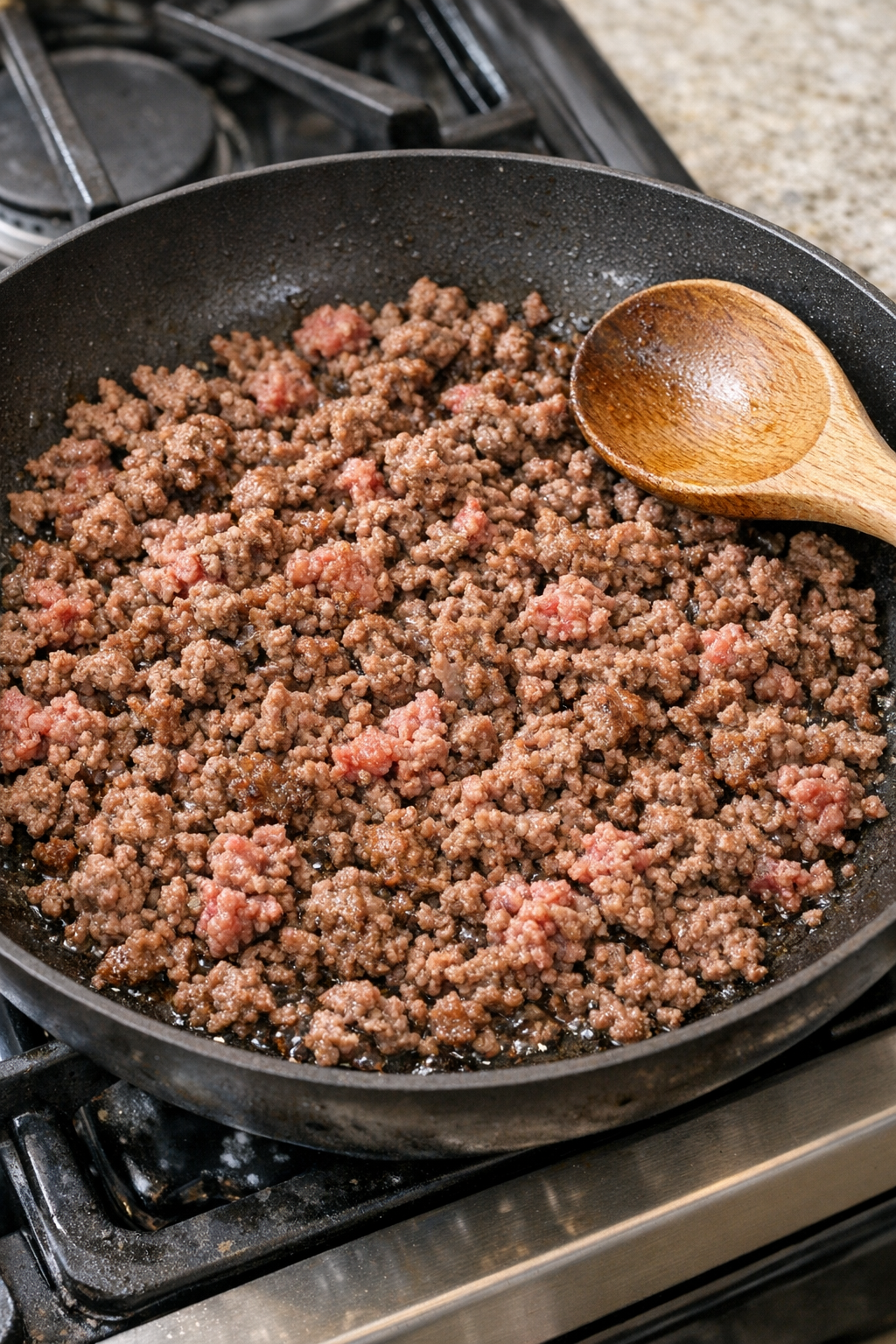 Ground beef browning in skillet