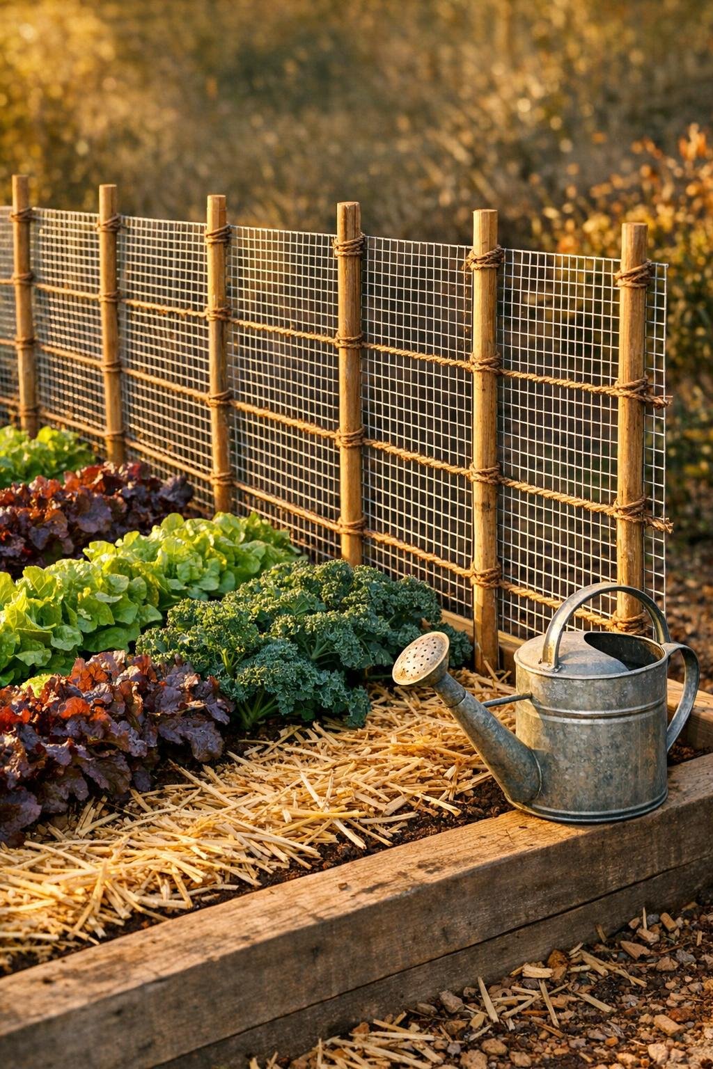 Completed fall garden bed windbreak made from hardware cloth