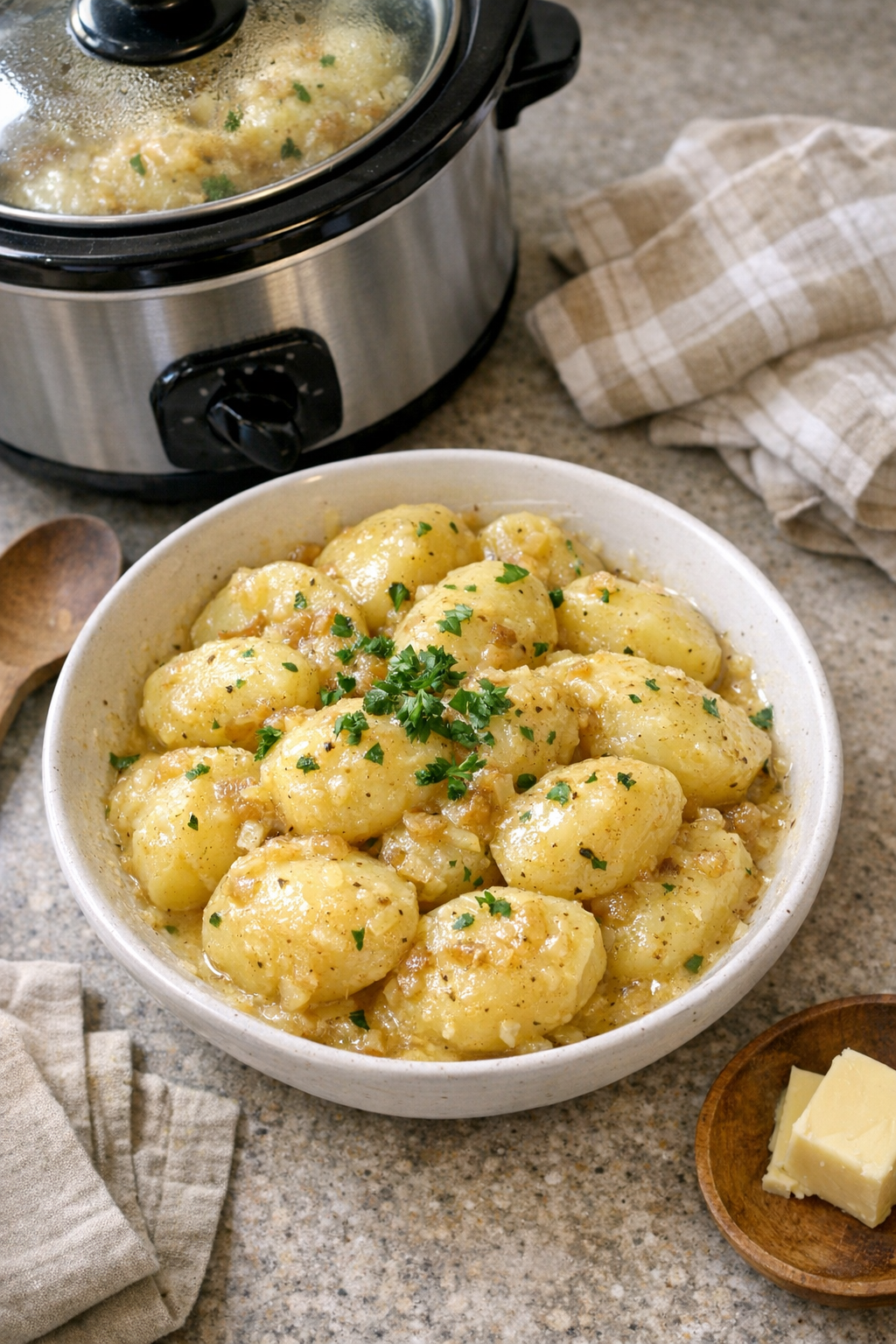 Finished slow cooker potatoes in a serving bowl