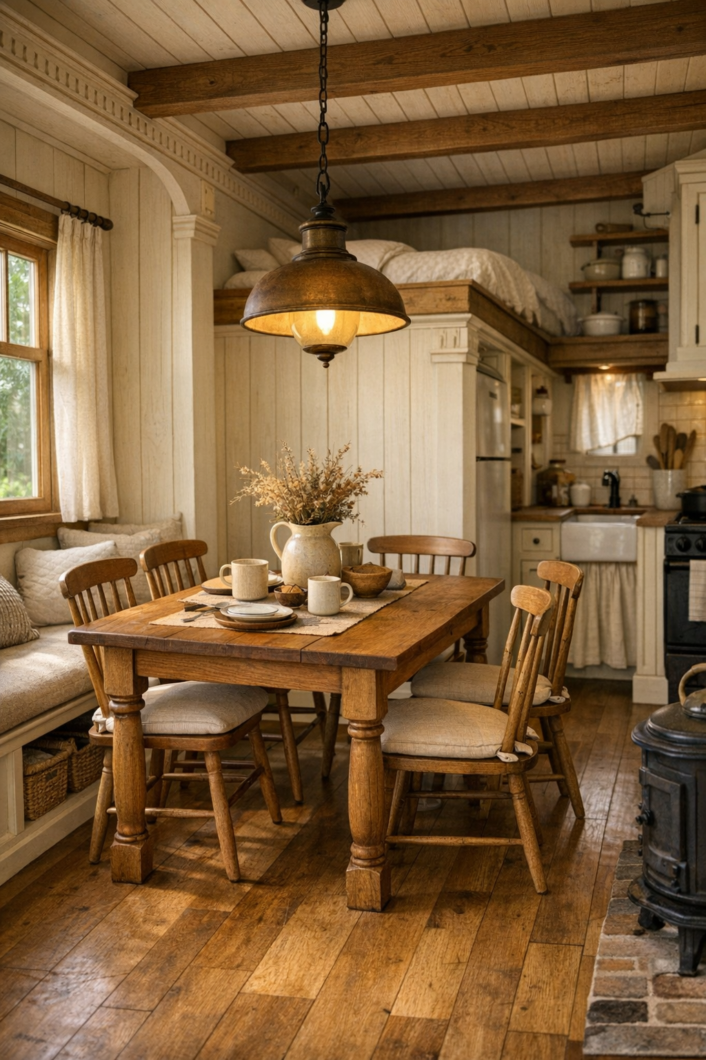 Small handcrafted dining area with a solid wood table and warm pendant lighting