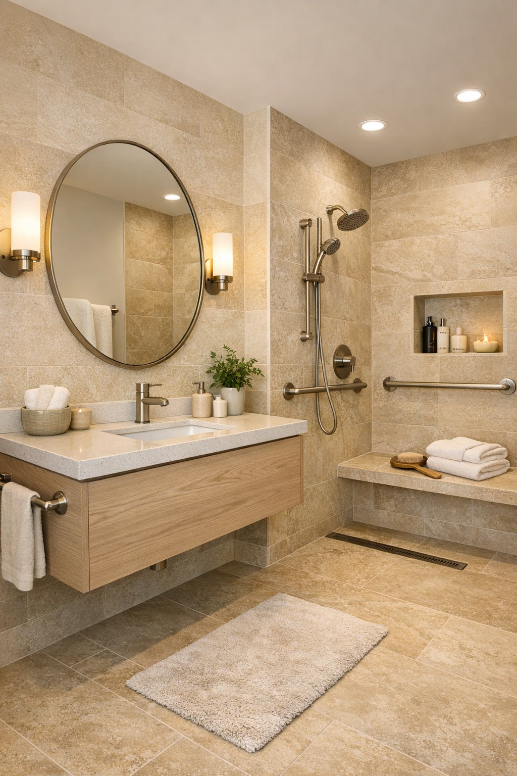Warm neutral accessible bathroom with curbless shower and pale wood vanity