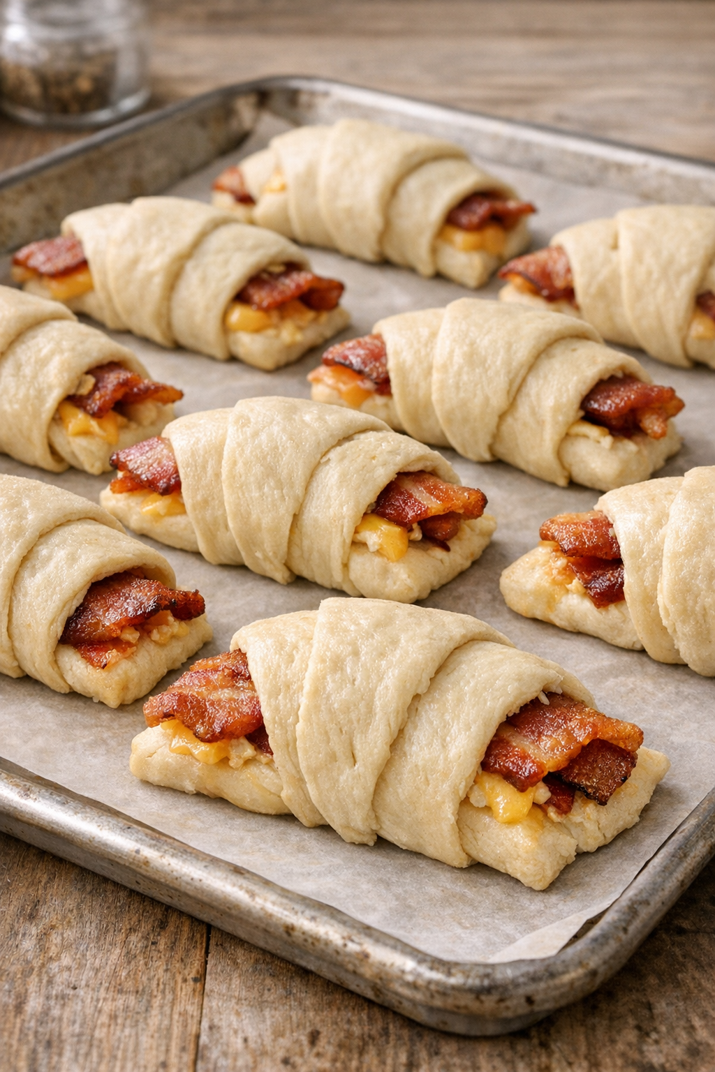 Unbaked bacon Montgomery rolls on a baking sheet