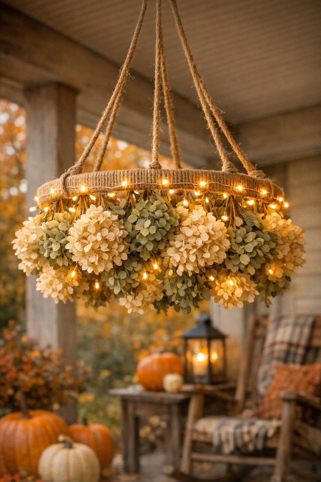 Finished rustic fall chandelier with dried hydrangeas and fairy lights hanging on a porch