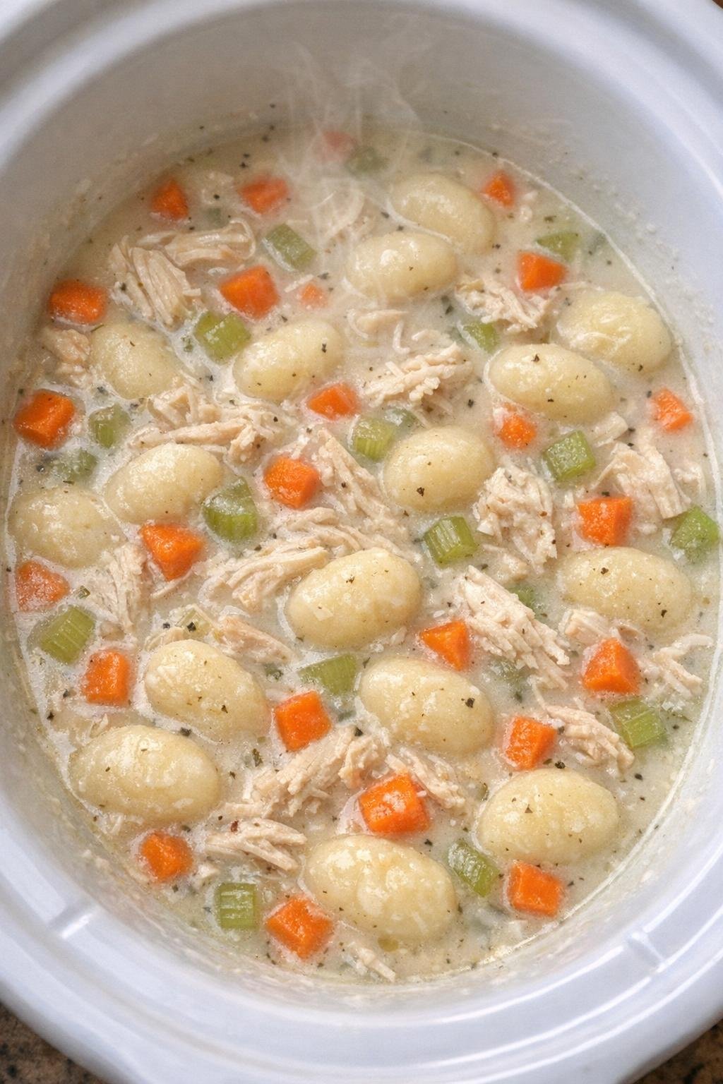 Creamy slow cooker soup in a white crock