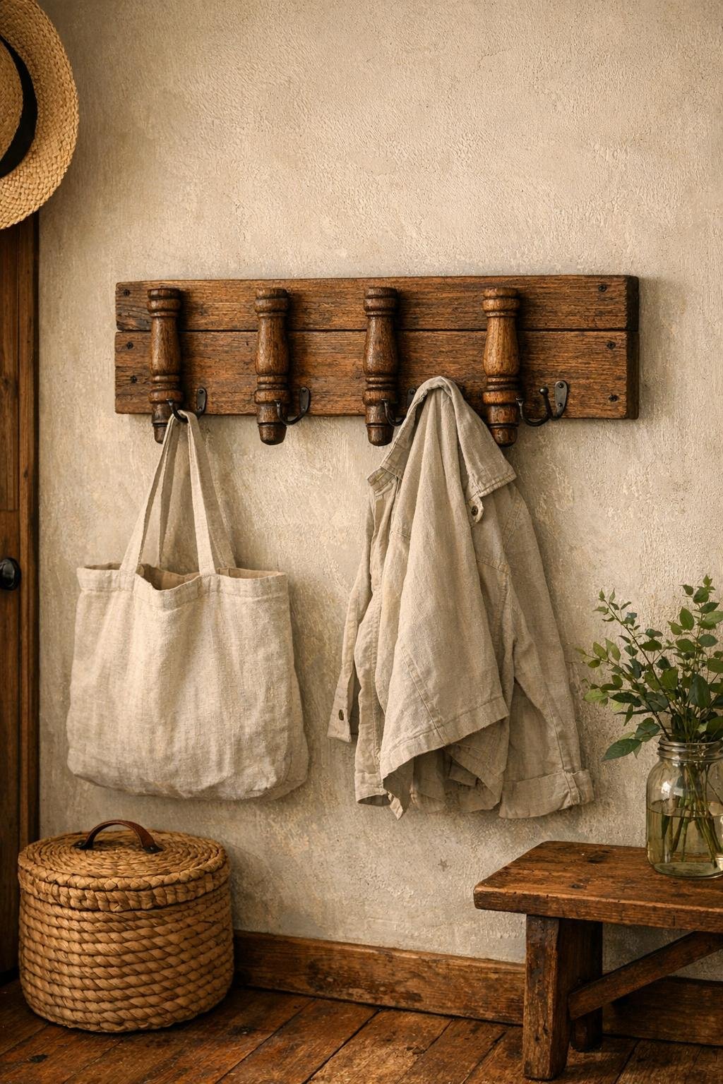 Finished rustic coat rack made from chair spindles hanging in an entryway