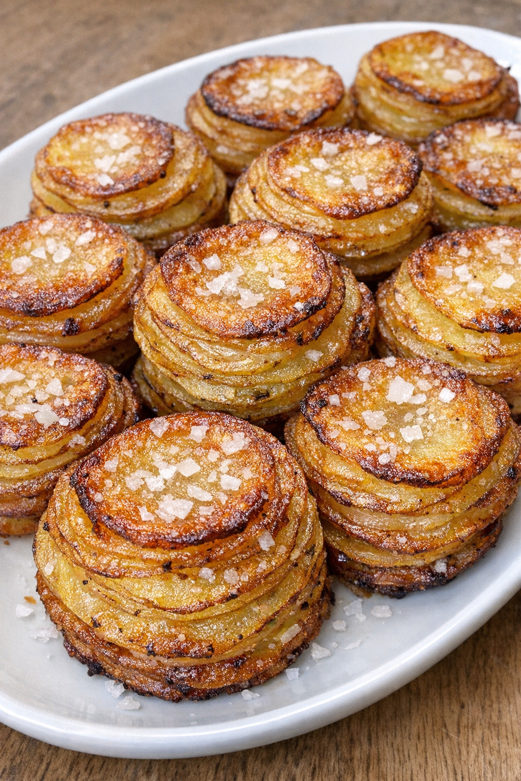 Golden crispy layered potato coin stacks on a white oval platter