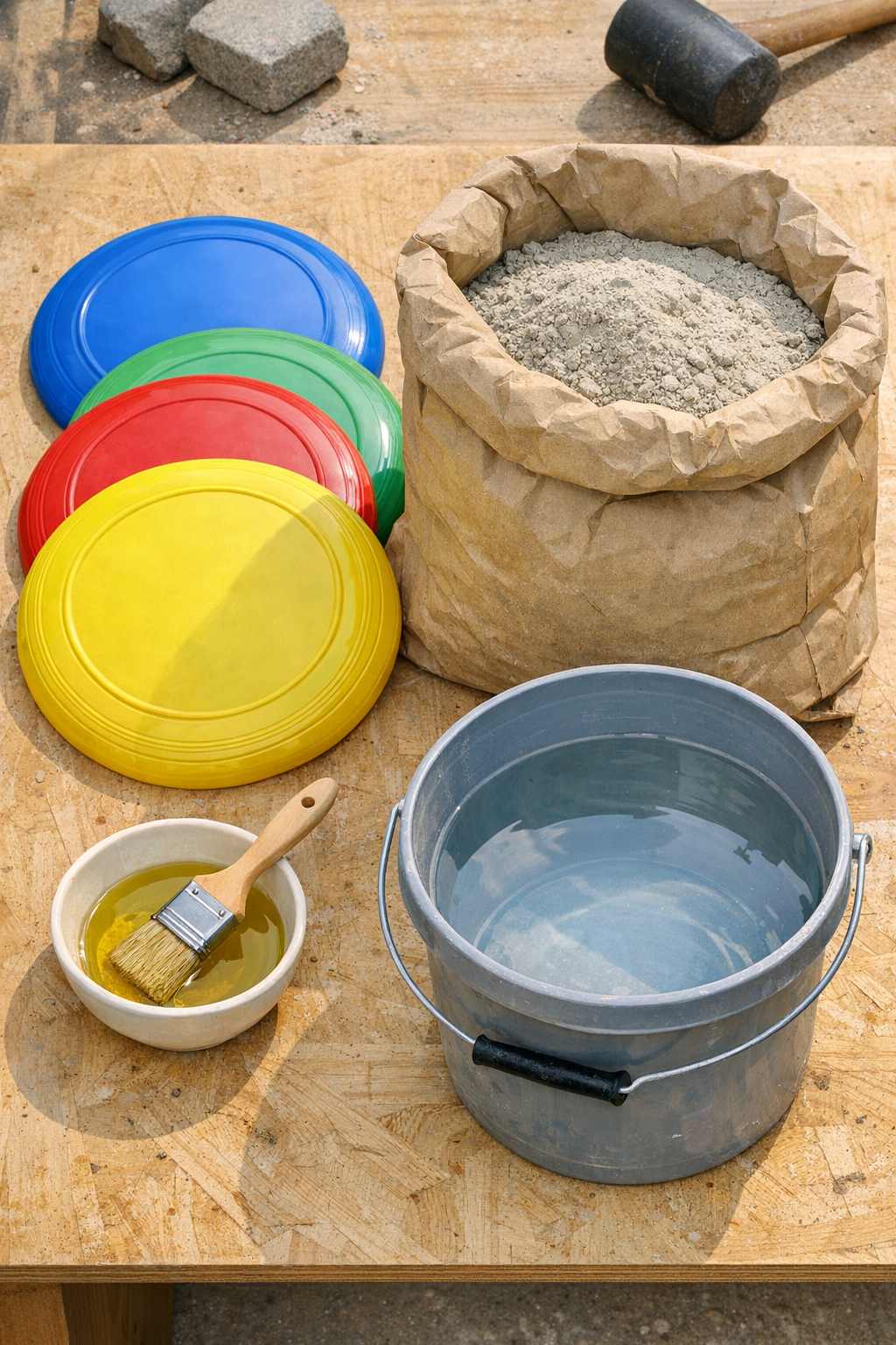 Materials for making round cement patio blocks laid out together
