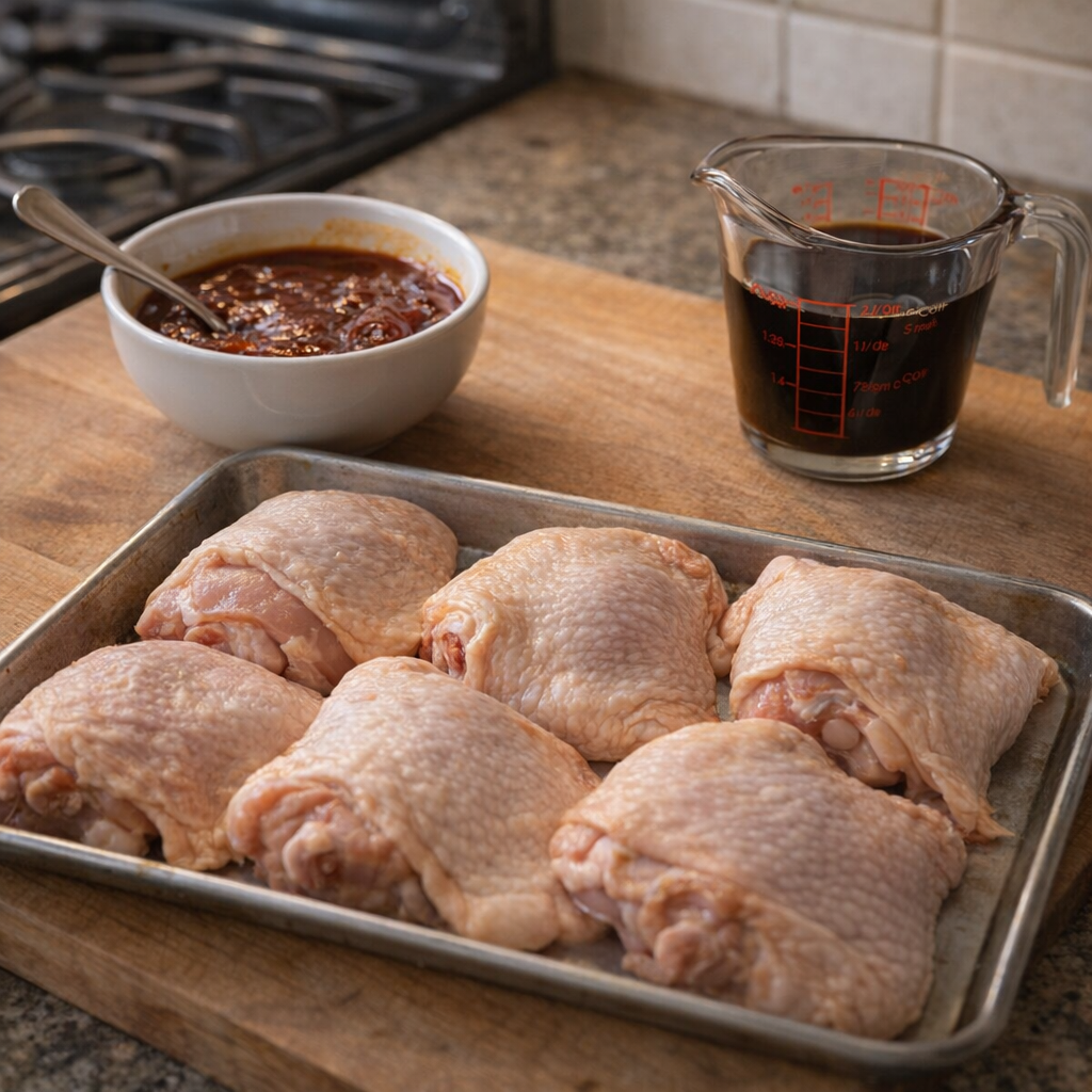 Chicken thighs and sauce ingredients arranged for prep