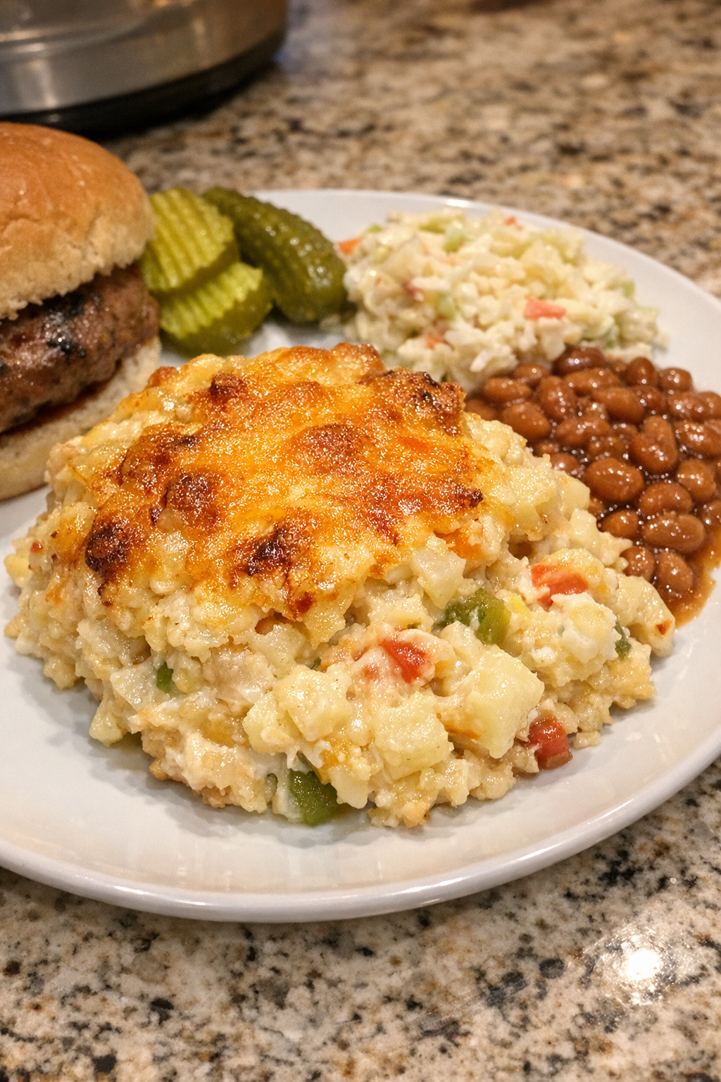 Finished plated hash brown casserole with golden cheesy top