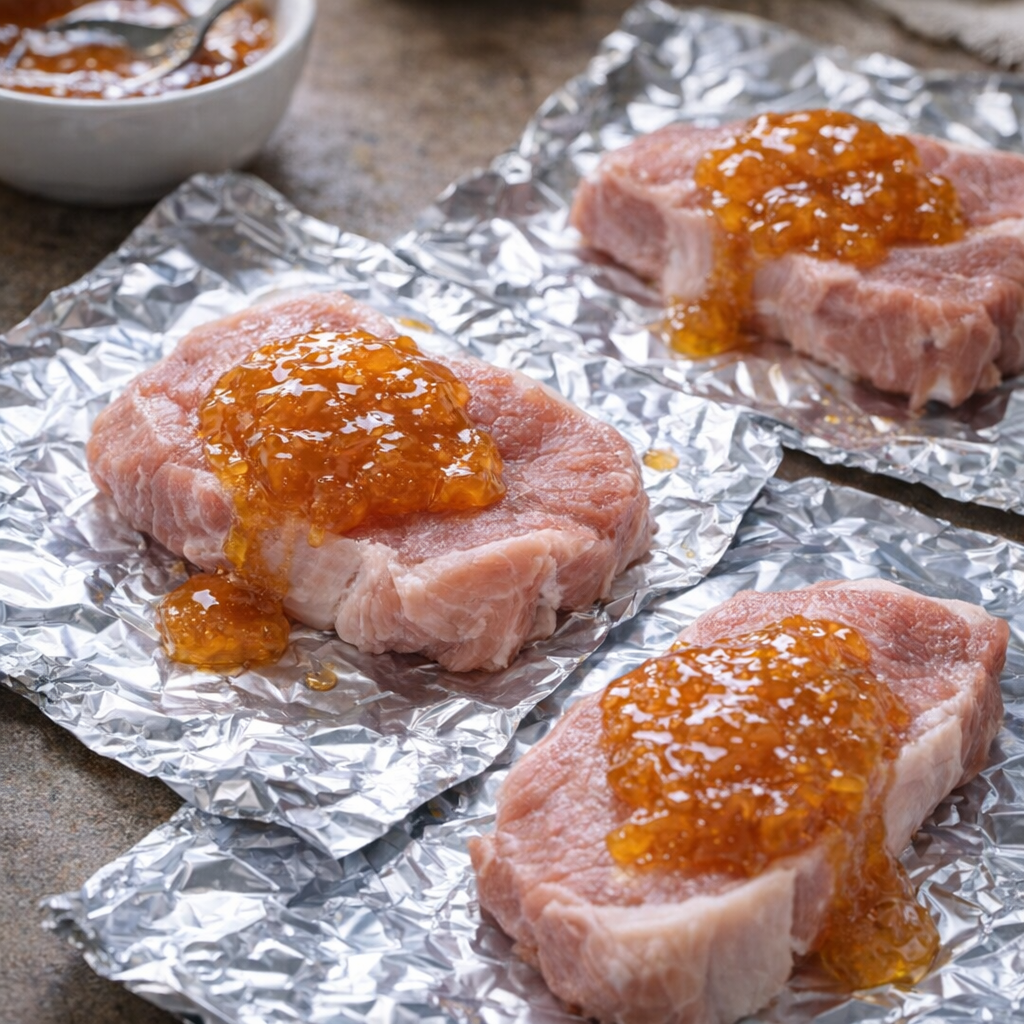 Raw pork slices topped with apricot glaze on foil
