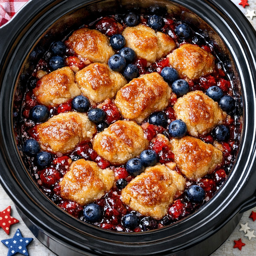 Finished biscuit berry dessert in a slow cooker