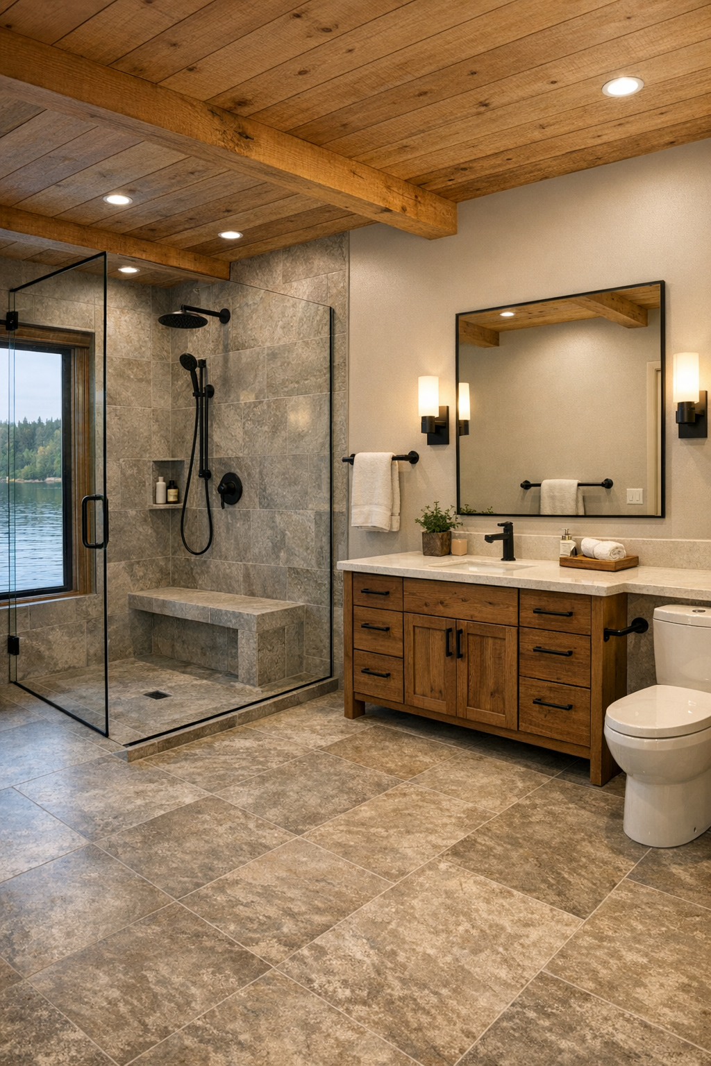 Spa-like accessible bathroom with curbless shower and warm wood vanity