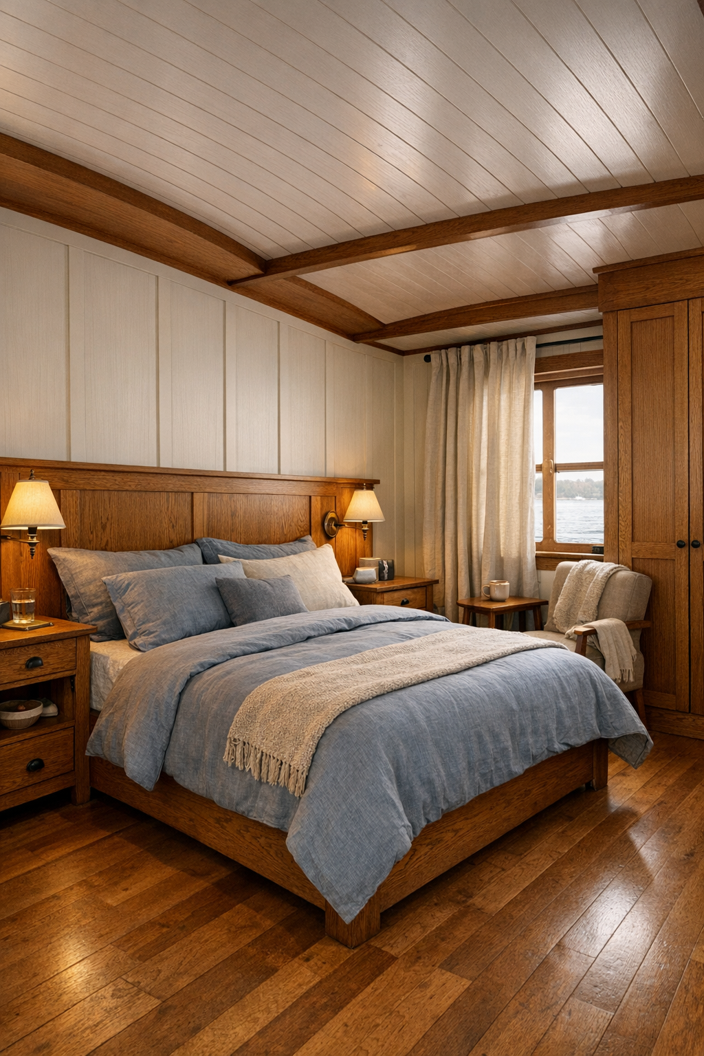 Calm craftsman bedroom with paneled walls, oak furniture, and soft blue-gray bedding