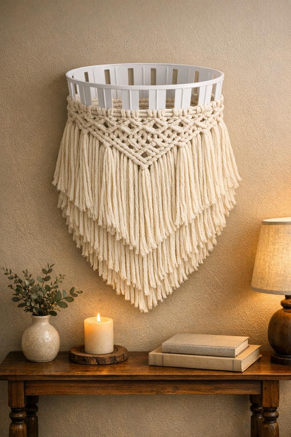 Finished crochet wall hanging made from a white plastic trash can displayed on a wall