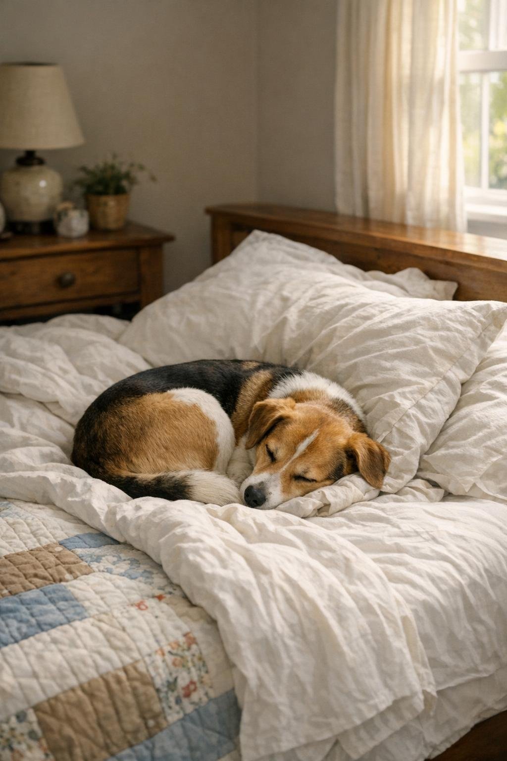 Dog resting on a person's side of the bed