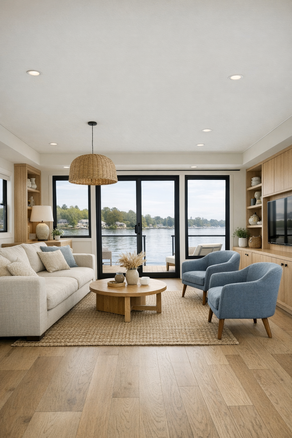 Bright accessible living room with coastal seating and large windows